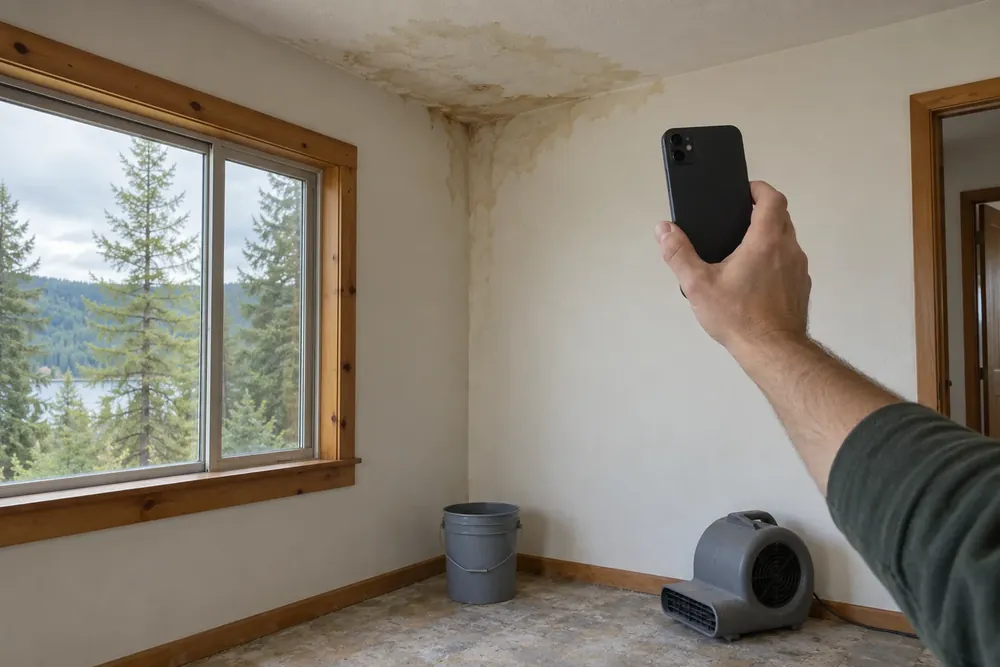 Hand holding a phone toward a stained ceiling corner above a bucket