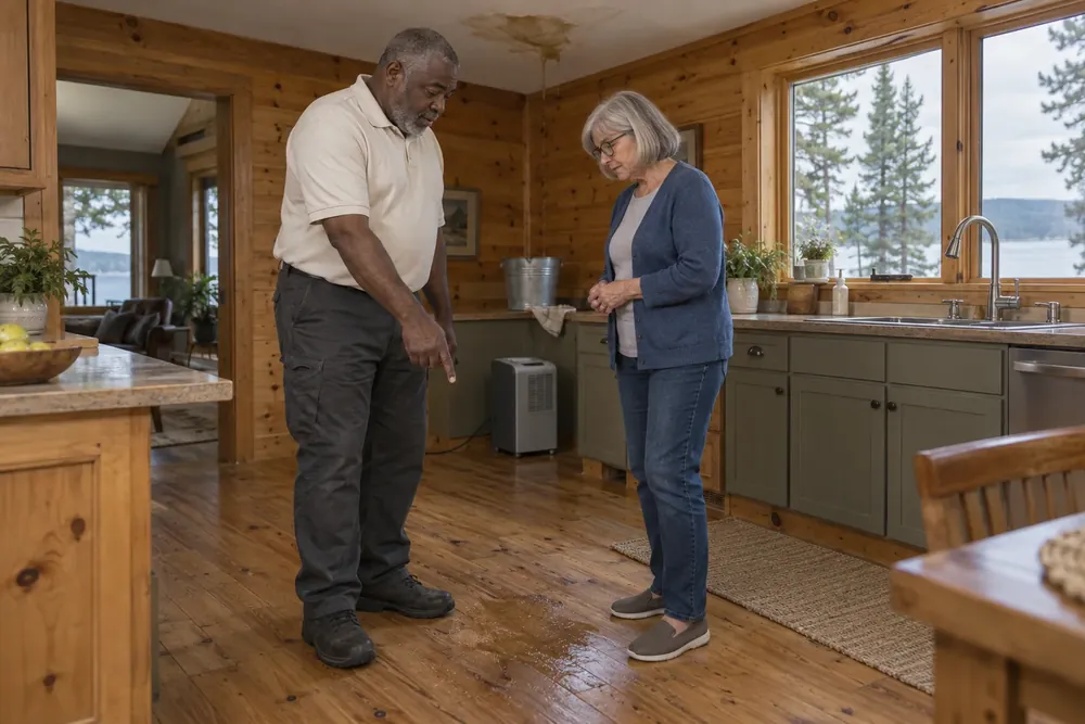 Technician and homeowner in a lake cabin kitchen looking at a damp spot on the floor
